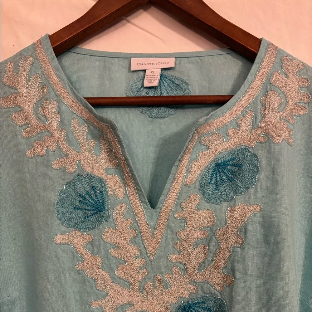 Aqua blue Charter Club 100% linen tunic with intricate nautical themed beads. - Picture 2 of 14